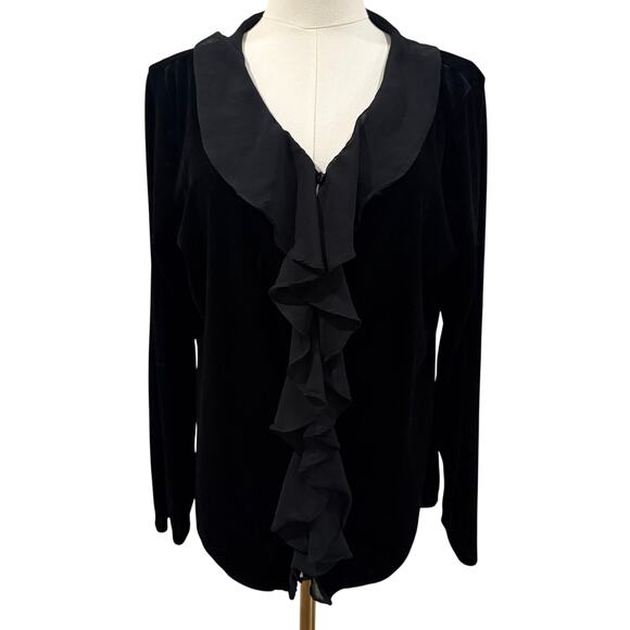 Jaclyn Smith Black Velvet Ruffle V Neck Long Sleeve Top Large Whimsigoth Witchy - Picture 1 of 6